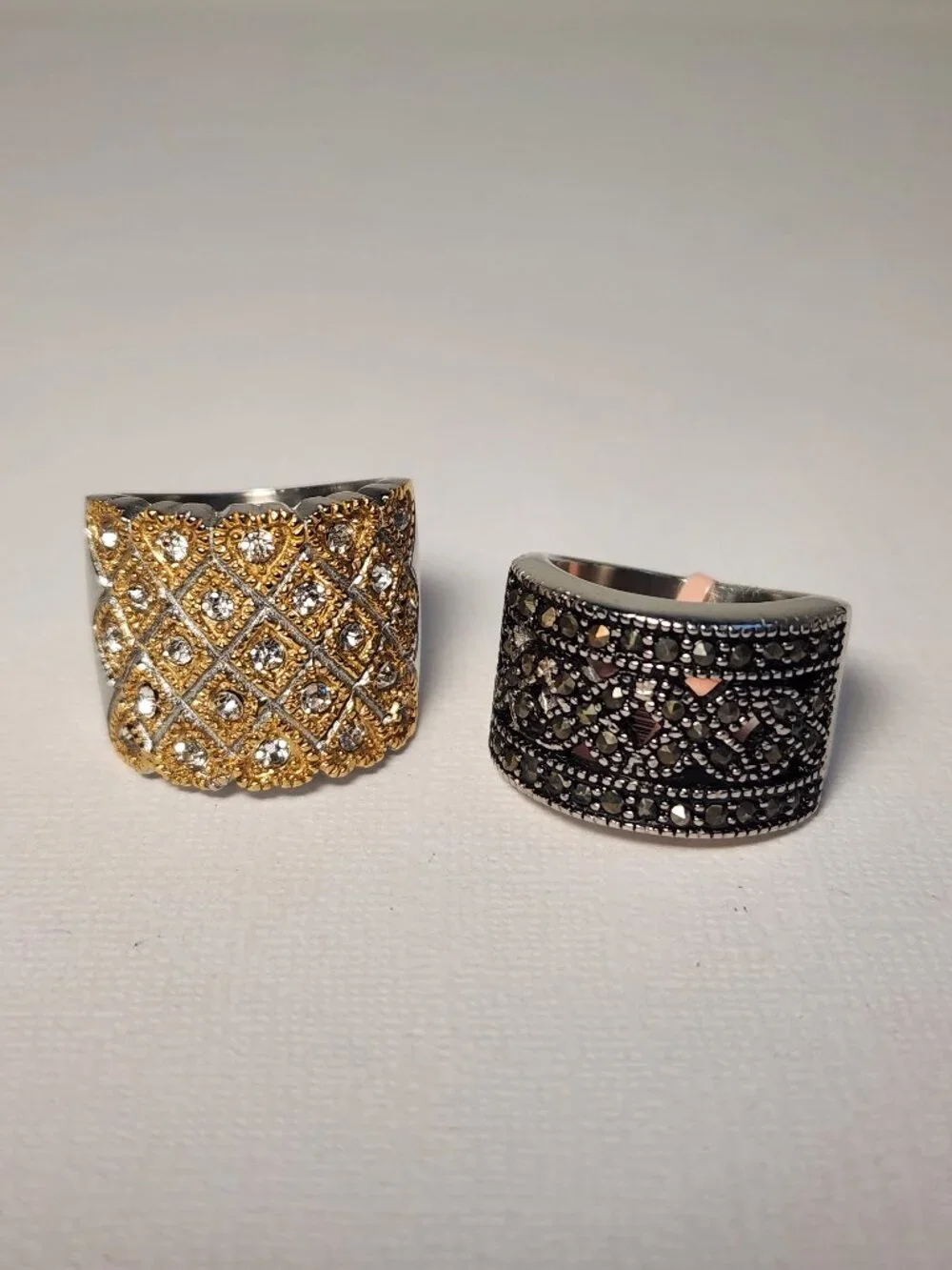 NWT Set of Gold Quilted Pavé + Black Marcasite Wide Band Ring Bundle Size 6 - Picture 10 of 10